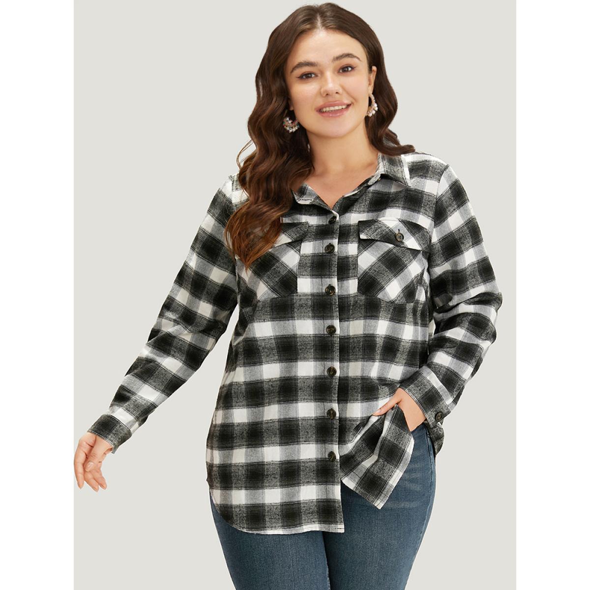 Plus Size Plaid Arc Hem Pocket Button Through Shirt Collar Coat Women Black Casual Arc Hem Ladies Dailywear Winter Coats BloomChic 14-16/1X Product Image