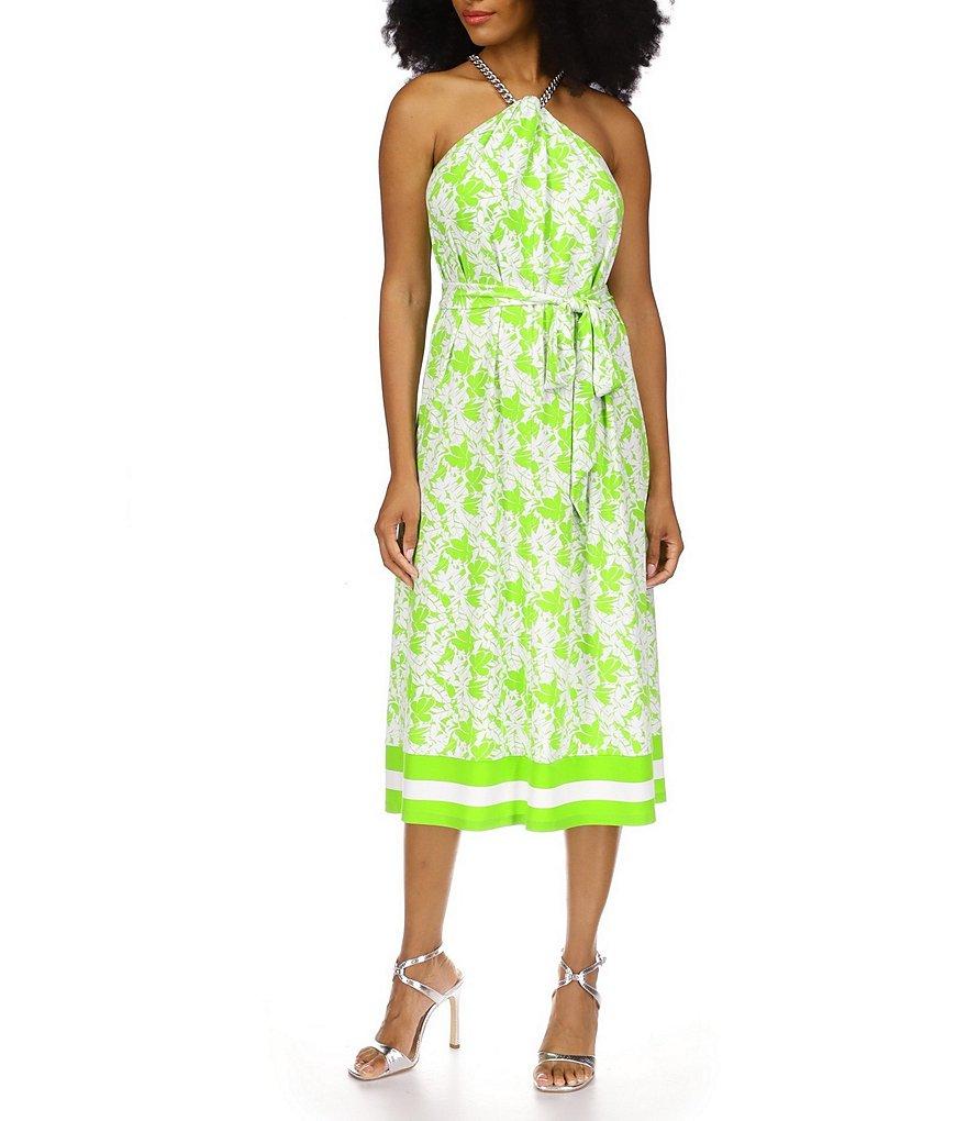 Michael Kors Tropical Palm Print Stretch Matte Jersey Chain Halter Neck Sleeveless Tie Waist A-Line Midi Dress Product Image