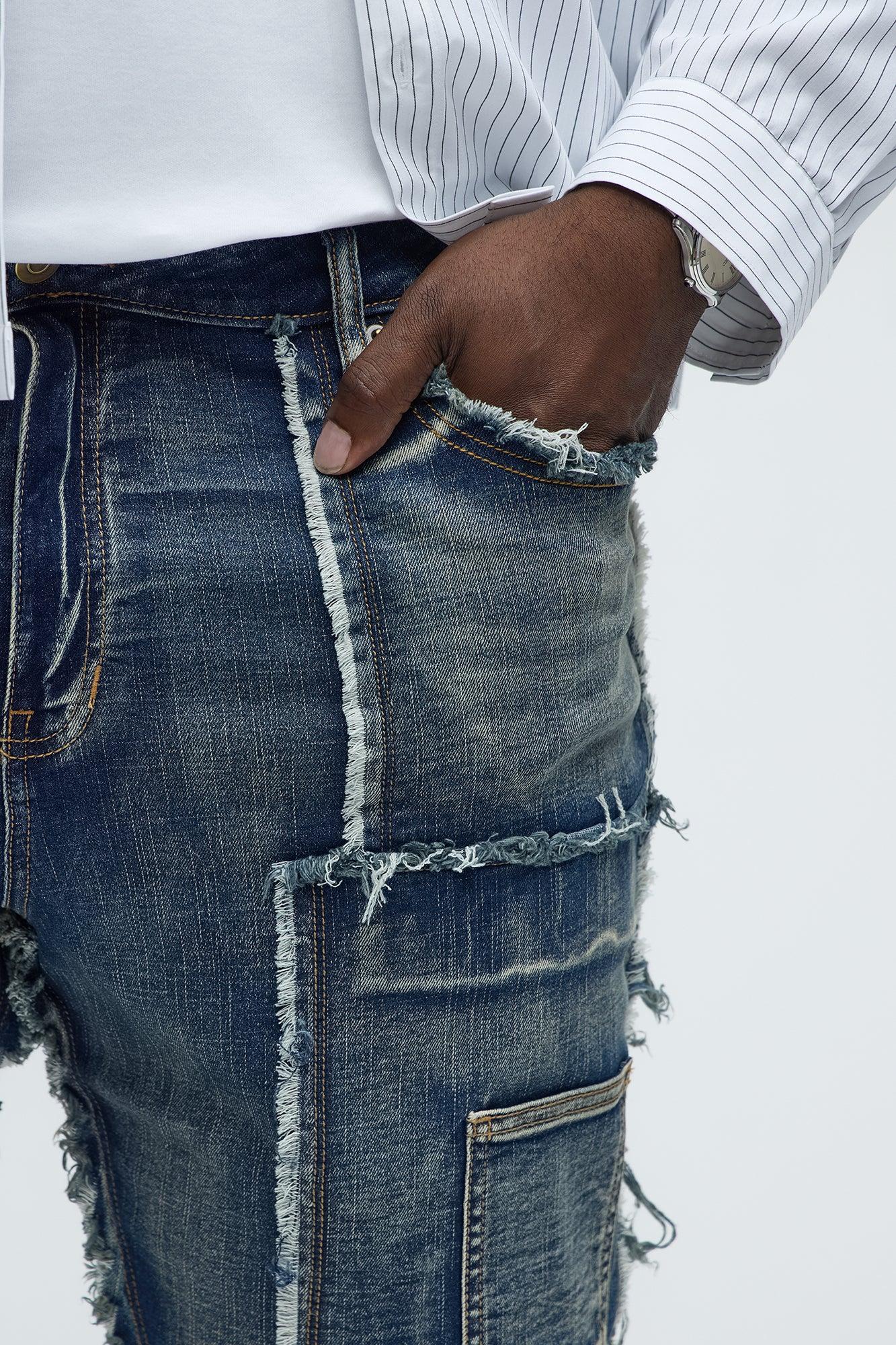 Diagonal Frayed Stacked Skinny Flare Jeans - Dark Wash Product Image