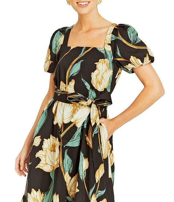 Mestiza New York Jasmine Linen Floral Print Square Neck Puff Sleeve Midi A-Line Dress Product Image