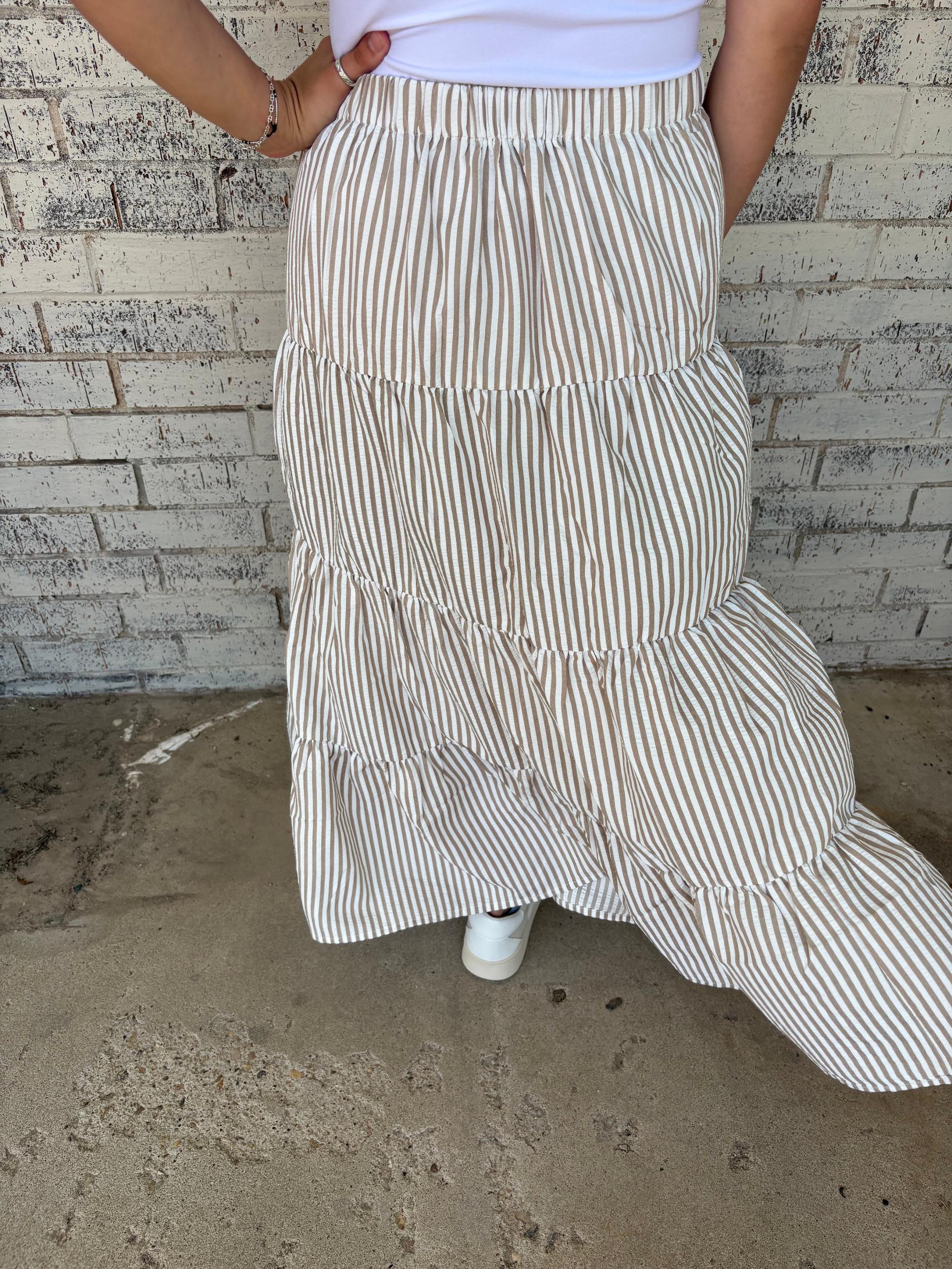 Bow Tie Tiered Taupe Stripe Maxi Skirt* Product Image