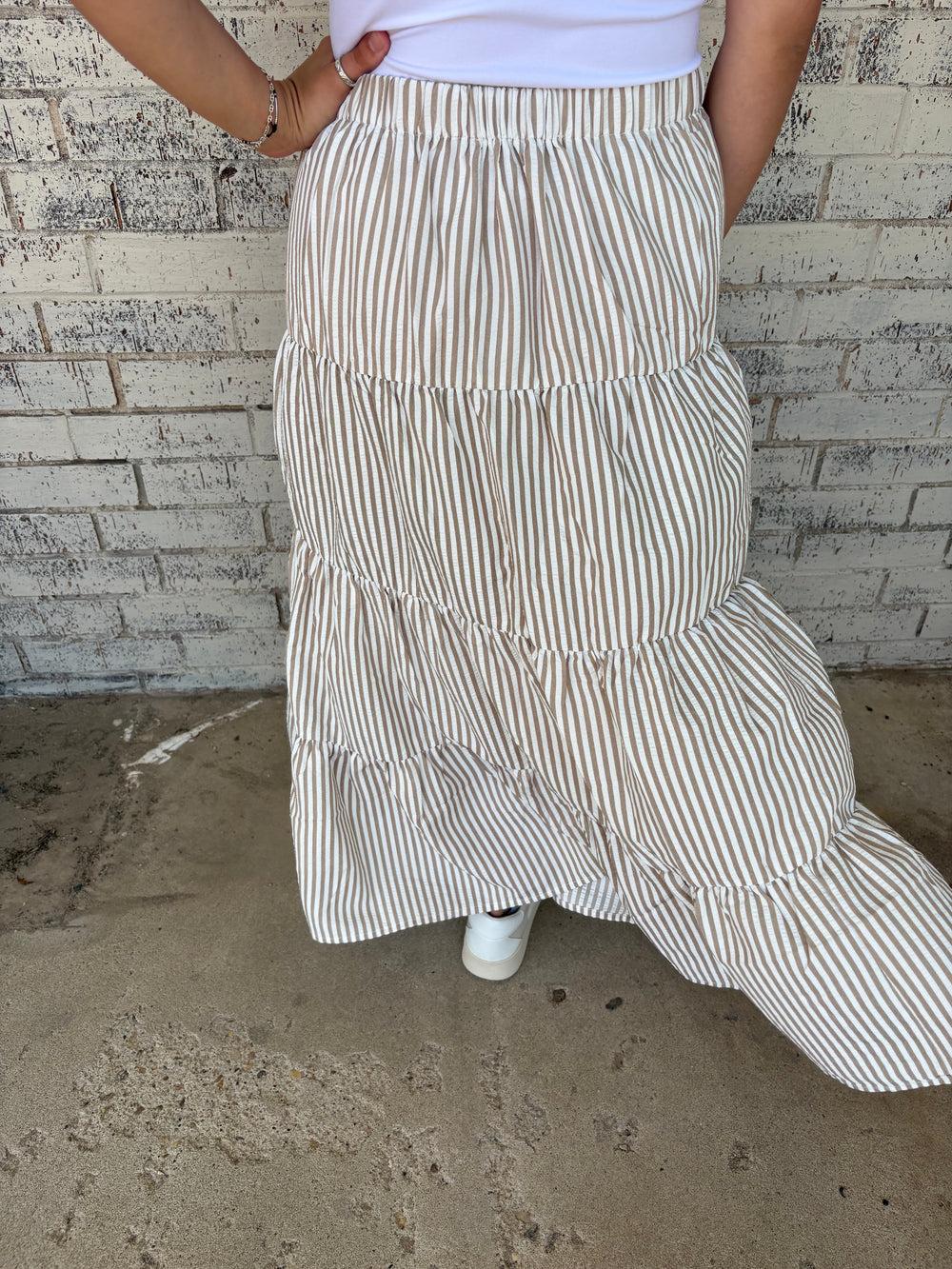 Bow Tie Tiered Taupe Stripe Maxi Skirt* Product Image