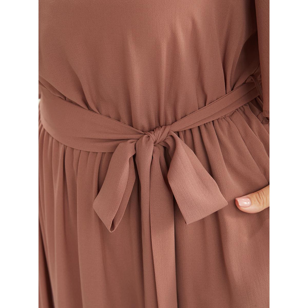 Plus Size Solid Keyhole Round Neck Pocket Belted Flutter Dress Salmon Women Office Belted Round Neck Half Sleeve Curvy Midi Dress BloomChic 30/6X Product Image