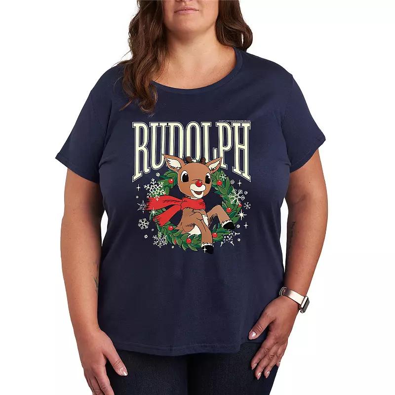Plus Size Rudolph Wreath Graphic Tee, Women's, Size: 2XL, Blue Product Image