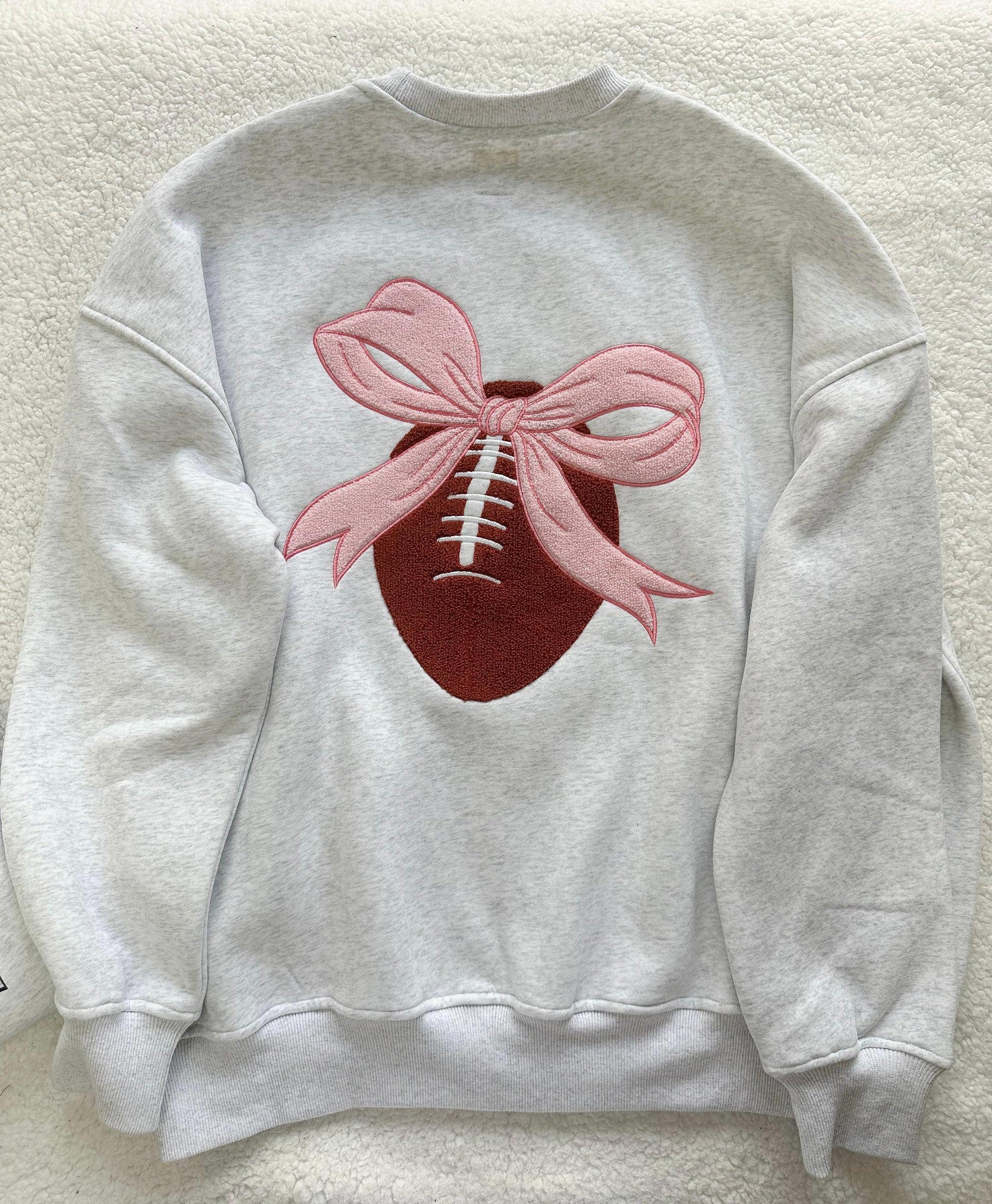Pearl Grey Pink Bow Football Game Day Embroider Sweatshirt Product Image