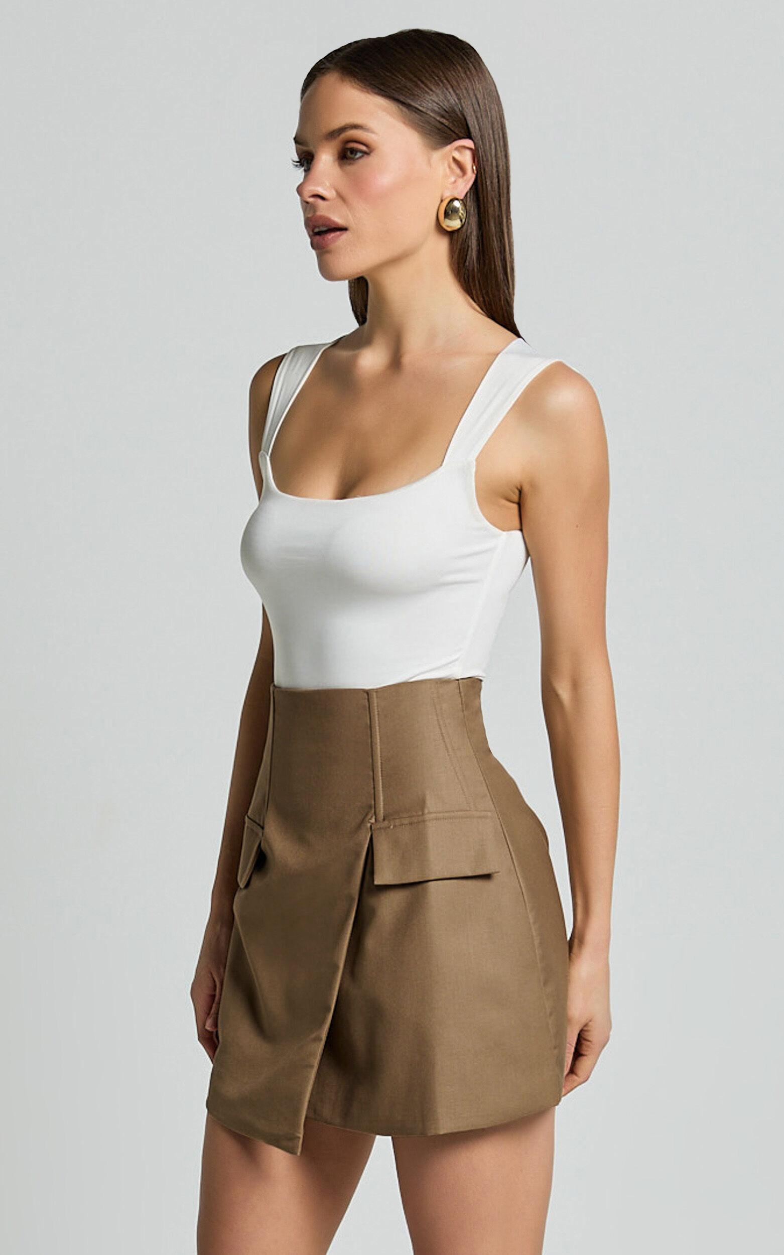 Haidy Mini Skirt - Faux Pockets Wrap Skirt in Taupe Product Image