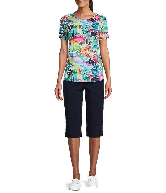 Allison Daley Petite Size Balinese Breeze Print Short Sleeve Crew Neck Knit Top Product Image