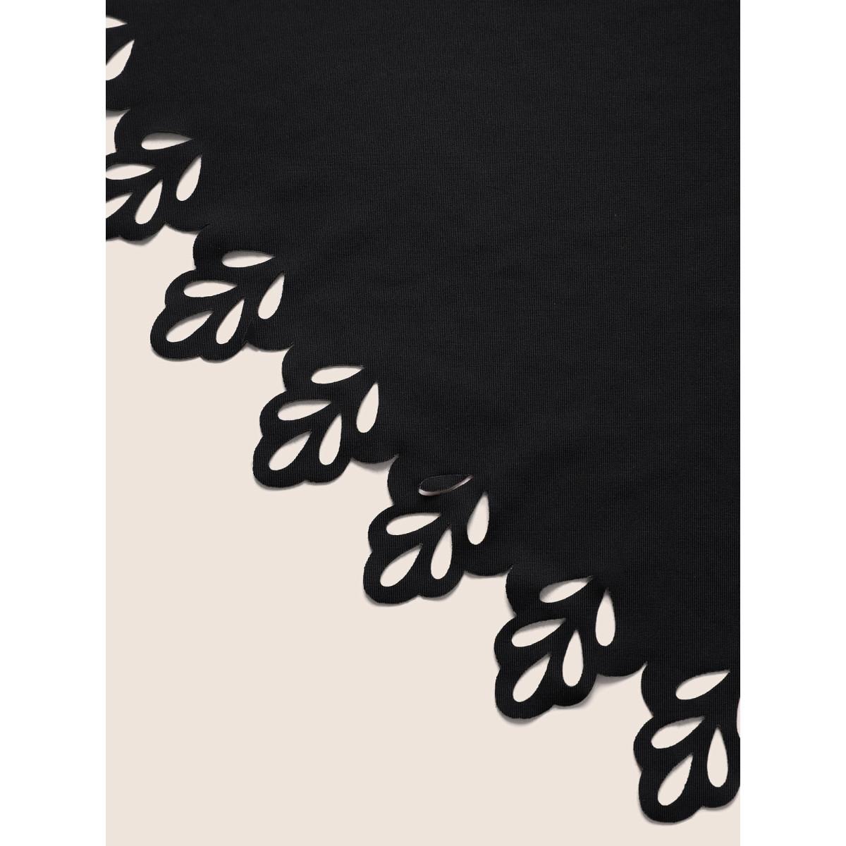 Plus Size Solid Ruffle Trim Laser Cut Swim Top Women's Swimwear Black Resort Cut-Out High stretch Bodycon U-neck Curve Swim Tops BloomChic 22-24/3X Product Image