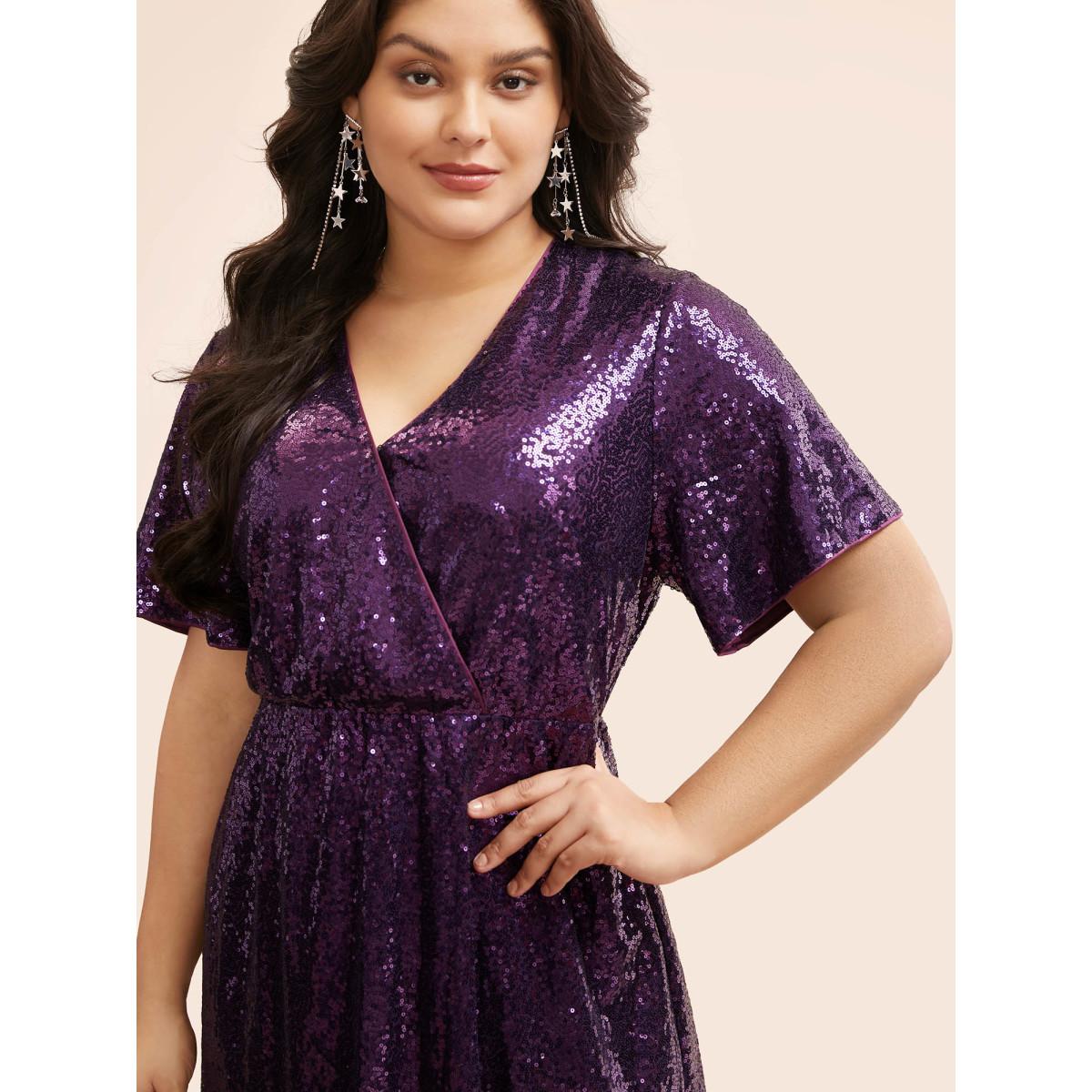 Plus Size Sequin Overlap Collar Ruffle Sleeve Dress Deeppurple Women Cocktail Texture Overlap Collar Short sleeve Curvy BloomChic 14-16/1X Product Image