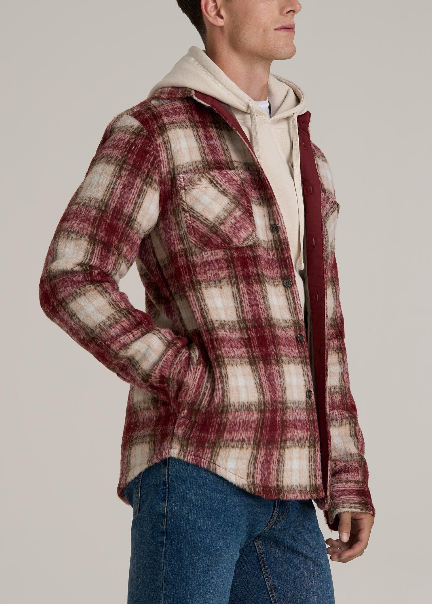 Brushed Flannel Overshirt for Tall Men in Ecru and Red Plaid Male Product Image