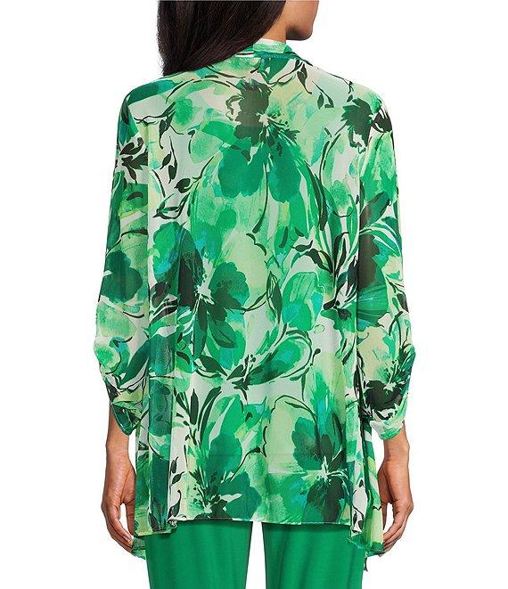 Investments Soft Separates Abstract Floral Mesh Open Drape Front Long Roll-Tab Sleeve Cardigan Product Image