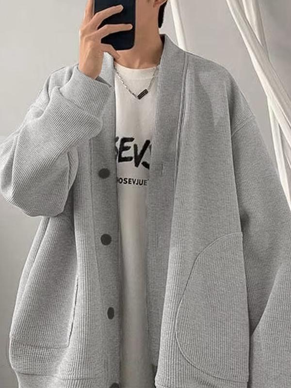 Men's Solid Waffle V Neck Cardigan Jacket Product Image