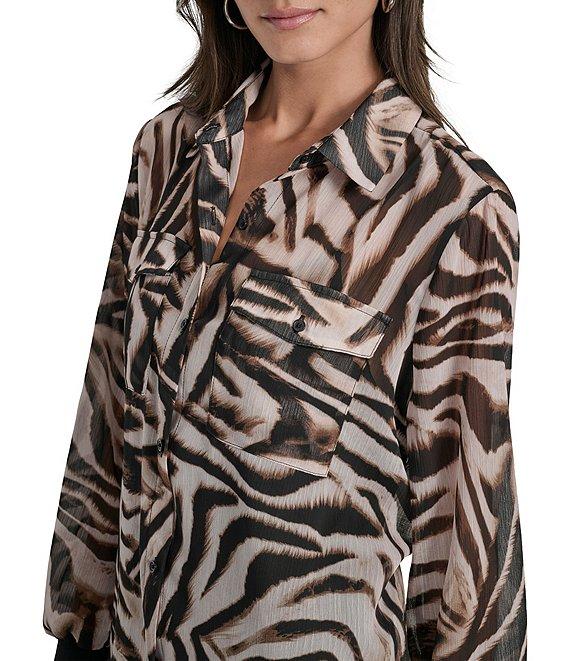 DKNY by Donna Karan Zebra Print Crinkle Chiffon Long Sleeve Collared Button Front Blouse Product Image