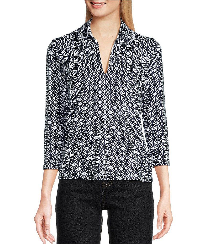 J.McLaughlin Aida Printed Catalina Cloth Collared V-Neck 3/4 Sleeve Top Product Image