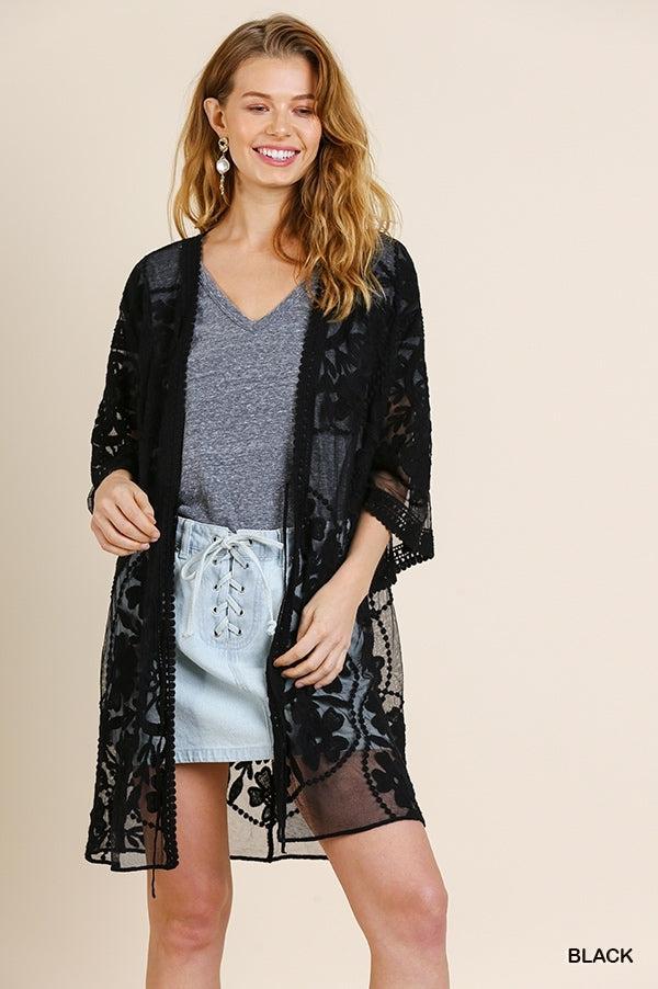 1136   ReeAnn Floral Lace Kimono w/ Waist Tie - Reg & Plus Product Image