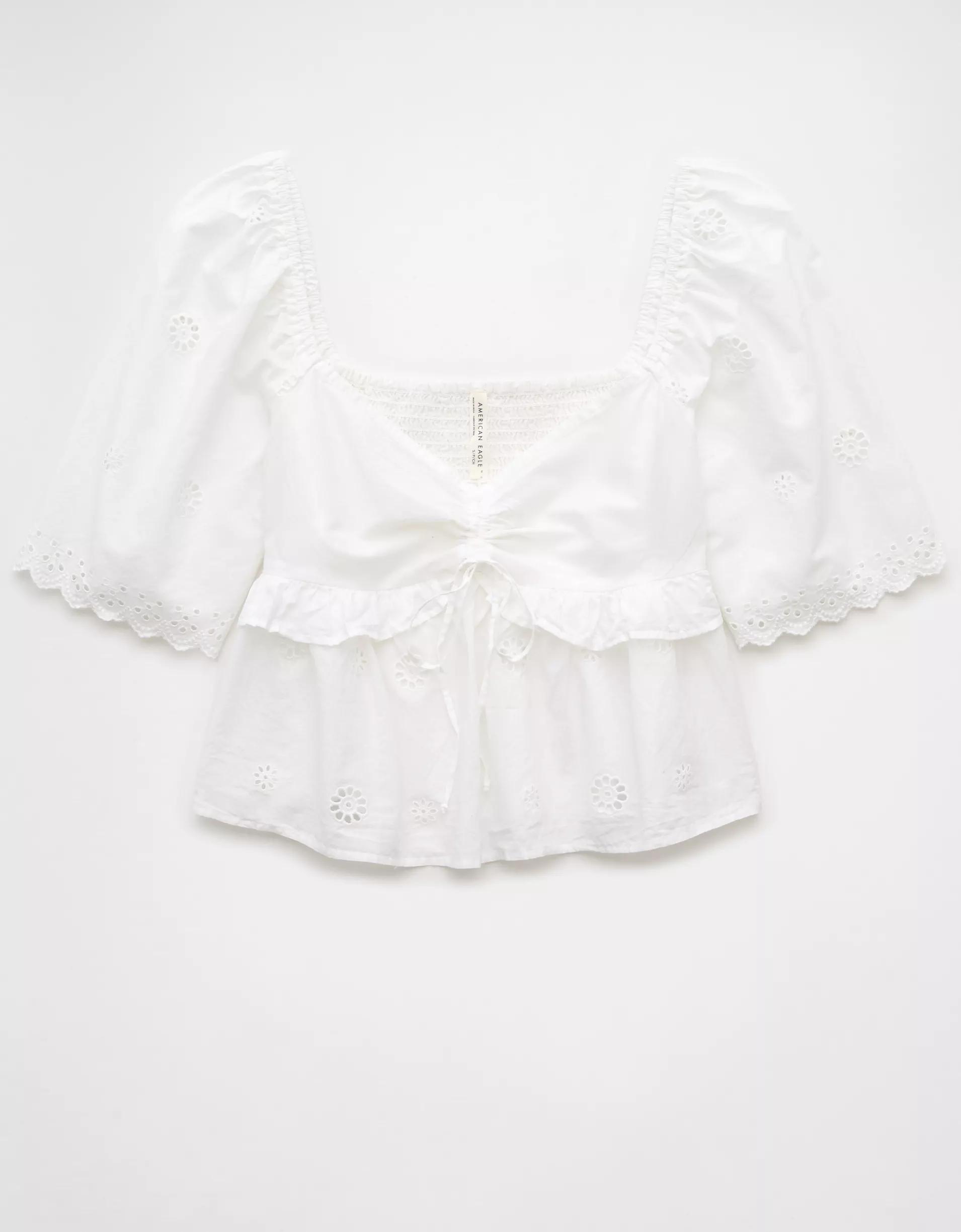 AE Flutter Sleeve Eyelet Babydoll Blouse Product Image