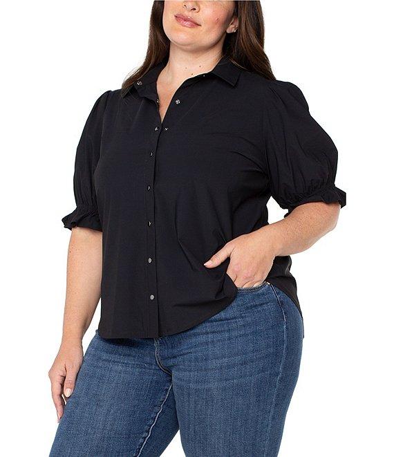 Liverpool Los Angeles Plus Size Tech Knit Point Collar Short Puff Sleeve Button Front Shirt Product Image