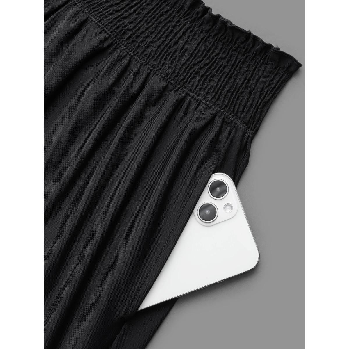 Plus Size Shirred Pocket Elastic Waist Swim Bottom Women's Swimwear Black Beach Shirred High stretch Bodycon High Rise Side seam pocket Curve Swim Bottoms BloomChic 10/M Product Image