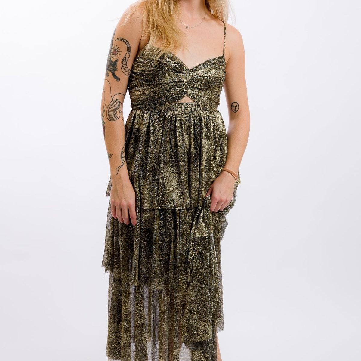 Moon River Metallic Cut-Out Tiered Maxi Dress - Black Gold Product Image