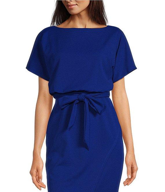 Kensie Textured Knit Boat Neck Self-Tie Waist Faux Wrap Blouson Dress Product Image