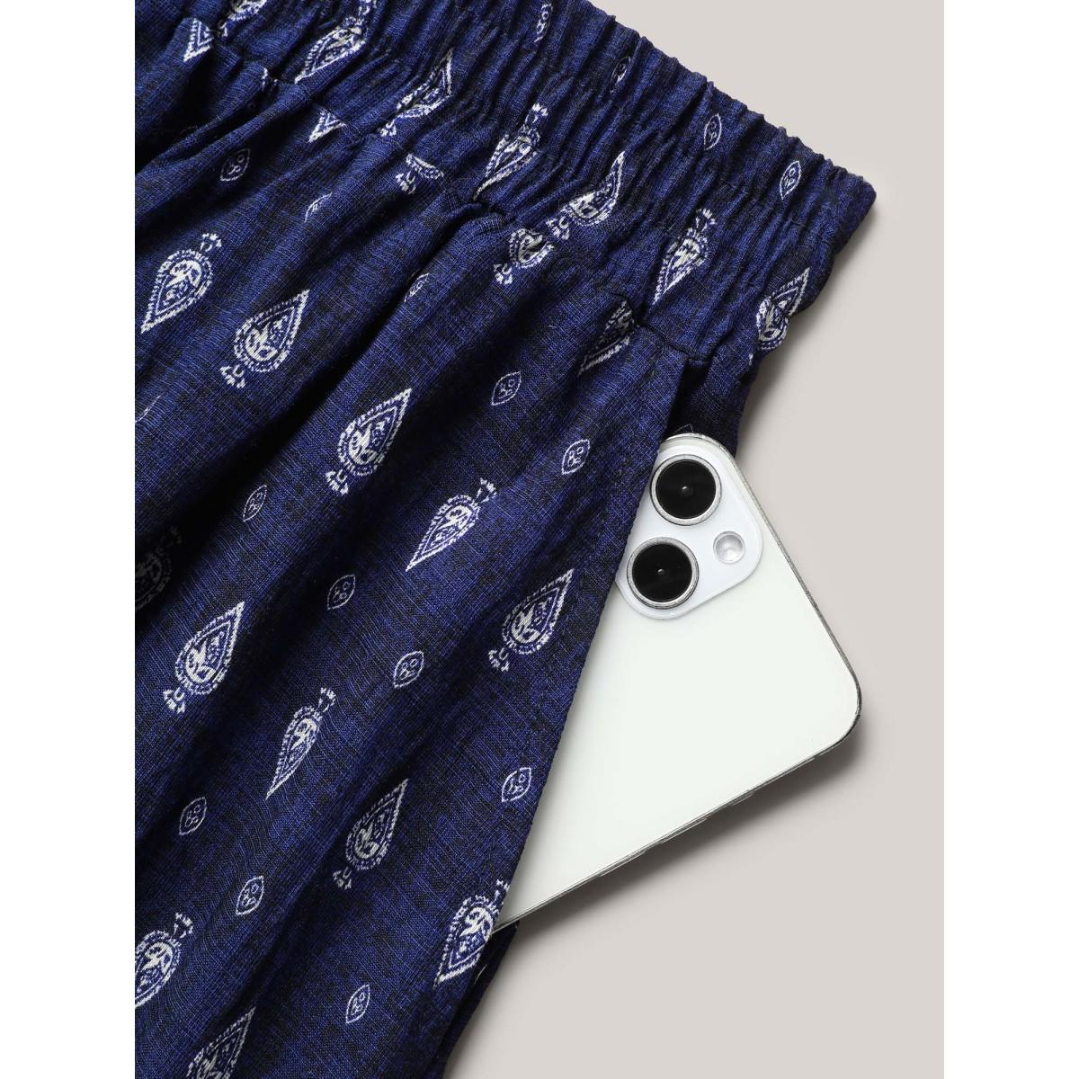 Plus Size Boho Print Pleated Drawstring Midi Skirt Women Indigo Resort Drawstring No stretch Slanted pocket Vacation Skirts BloomChic 18-20/2X Product Image