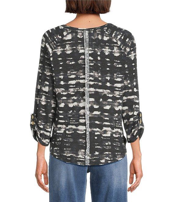 Westbound Petite Size Knit Black and White Watercolor Plaid 3/4 Bell Sleeve V-Neck Top Product Image