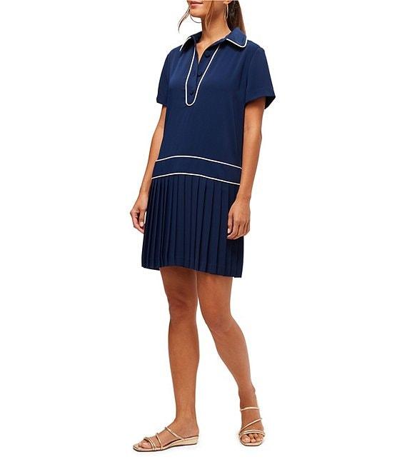Trina Turk Racquet Georgette Point Collar Short Sleeve Pleated Dress Product Image