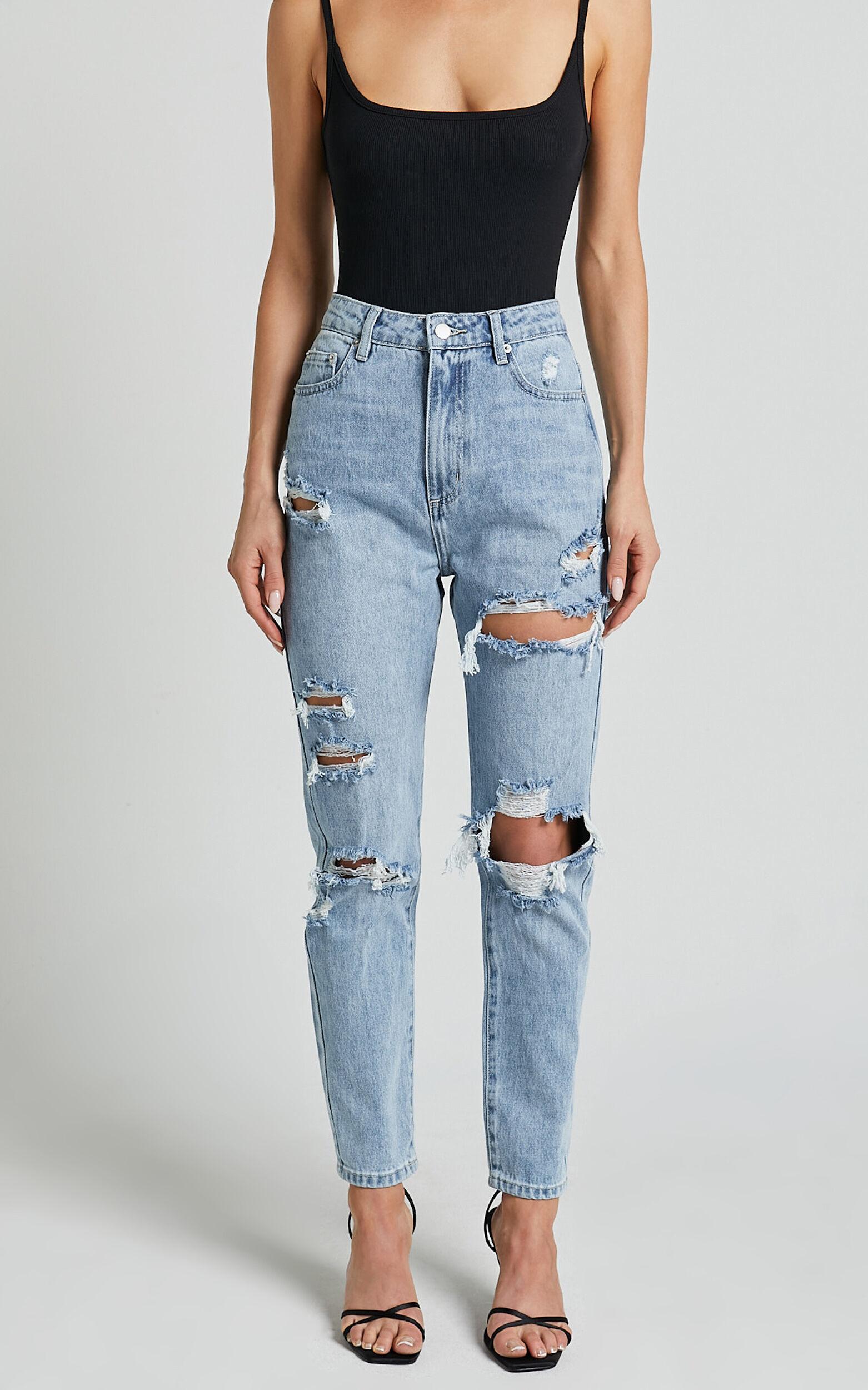 Billie Jeans - High Waisted Cotton Distressed Mom Denim Jeans in Mid Blue Wash Product Image
