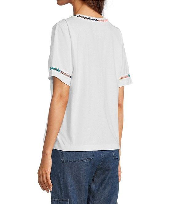 JOHNNY WAS Crochet Trim Crew Neck Short Sleeve Cotton Knit Tee Product Image