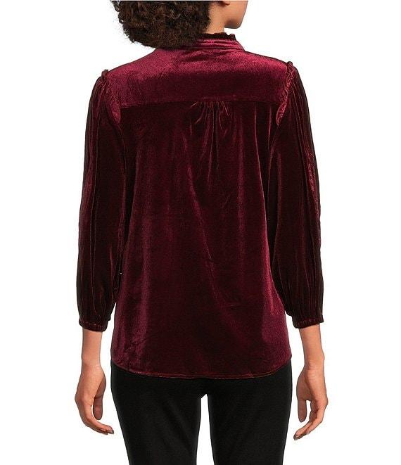 Calessa Petite Size Embroidered Ruffle Split V-Neck 3/4 Sleeve Button Front Velvet Tunic Product Image