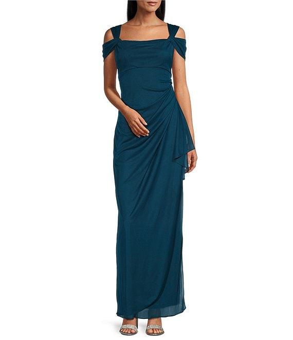 Alex Evenings Exposed Shoulder Draped Neck Cap Sleeve Ruched Waterfall Hem Mesh Gown Product Image