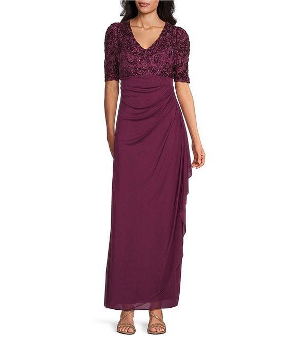 Alex Evenings Petite Size Lace Soutache Bodice V-Neck Short Sleeve Cascade Ruffle Empire Waist Dress Product Image