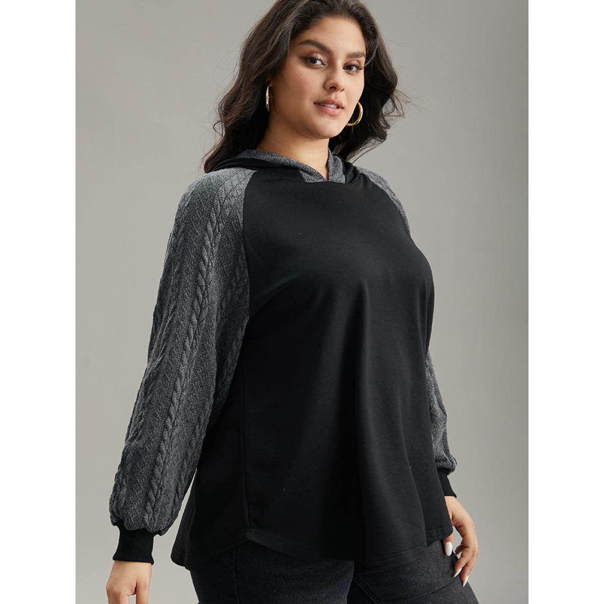 Plus Size Rib Knit Cable Knit Patchwork Hooded Sweatshirt Women Black Casual Elastic cuffs Hooded Dailywear Sweatshirts BloomChic 26/4X Product Image