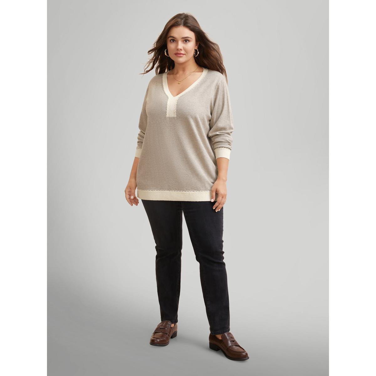 Plus Size Supersoft Essentials V Neck Contrast Crochet Pullover Apricot Women Casual Long Sleeve V-neck Everyday Pullovers BloomChic 12/L Product Image