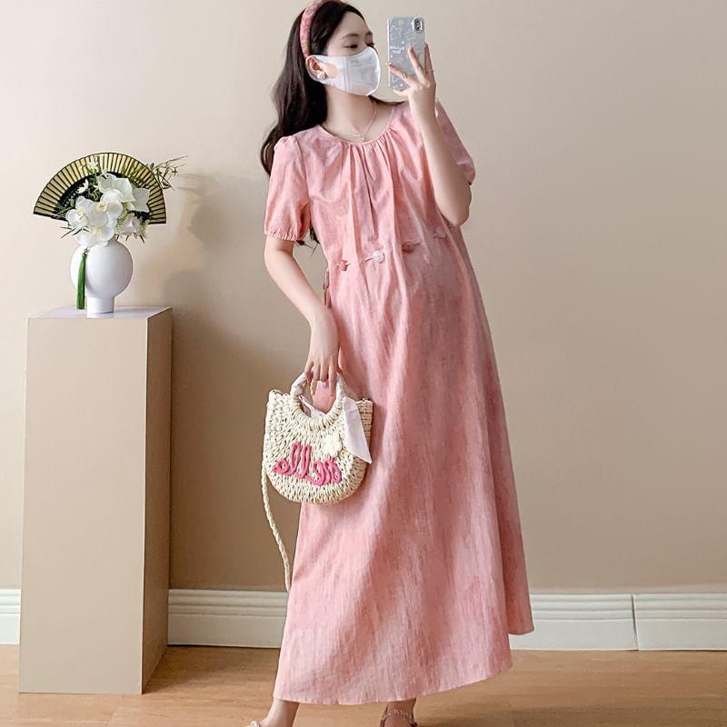 Maternity Short Sleeve Round Neck Beaded Drawstring Waist Maxi A-Line Dress Product Image
