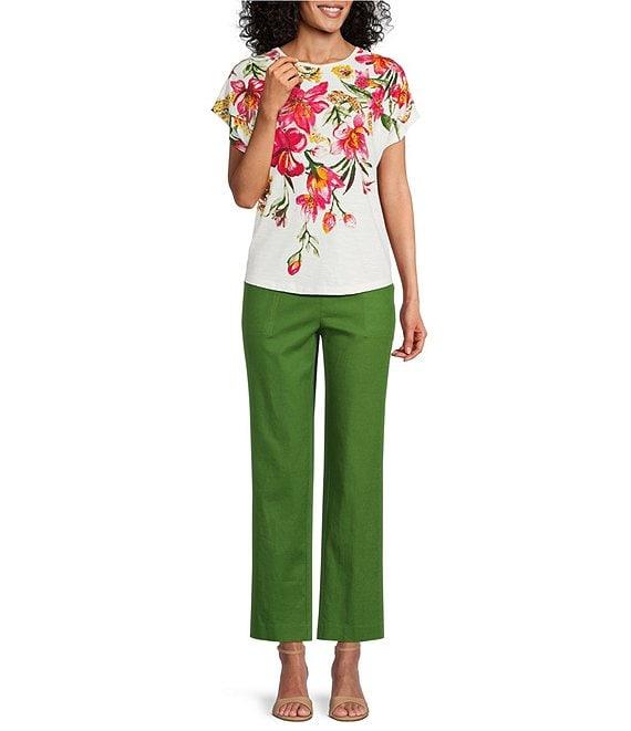 Investments Petite Size Hanging Floral Short Sleeve Embellished Novelty Crew Neck Top Product Image