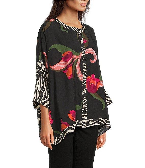 Ali Miles Woven Floral Multi Print Round Neck Elbow Dolman Sleeve Button-Front Tunic Product Image
