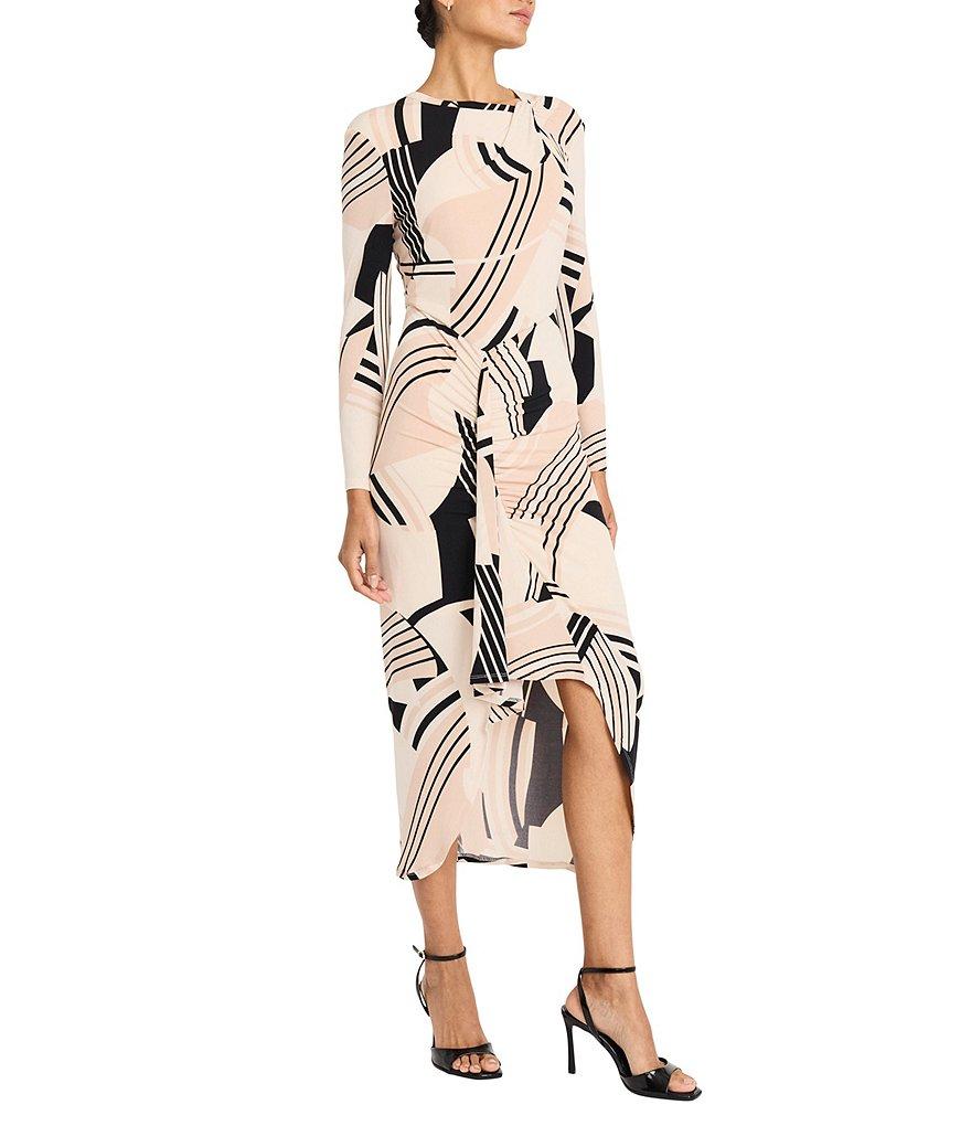 Maggy London Printed Matte Jersey Crew Neck Long Sleeve Ruffle Front Sheath Midi Dress Product Image