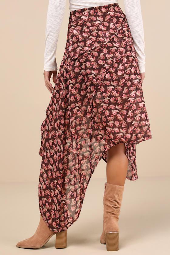 Elevated Exception Brown Floral Asymmetrical Midi Skirt Product Image