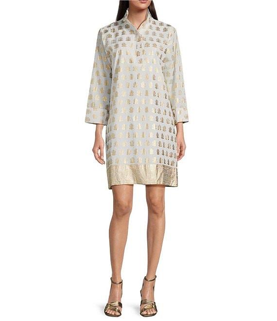 Jude Connally Helen Foiled Foulard Border Print Stand Collar Long Sleeve Dress Product Image