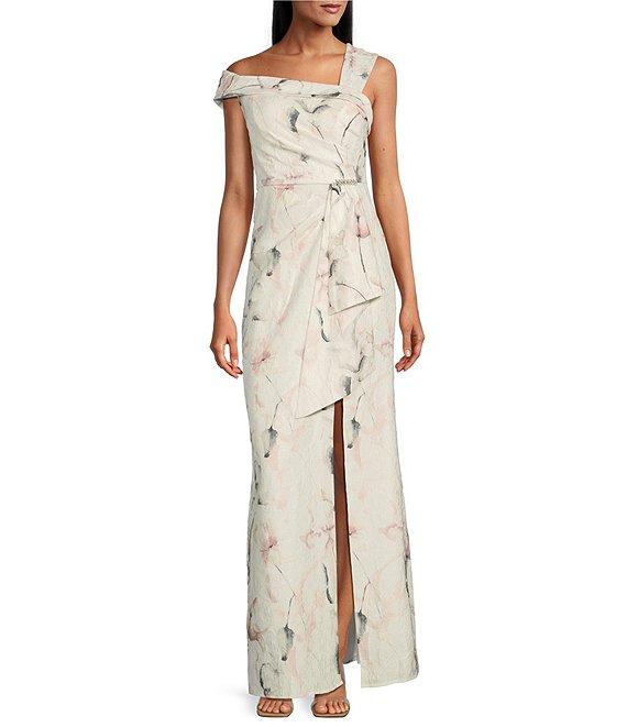 R & M Richards Asymmetrical Neck Sleeveless Floral Print Foil Jacquard Sheath Dress Product Image