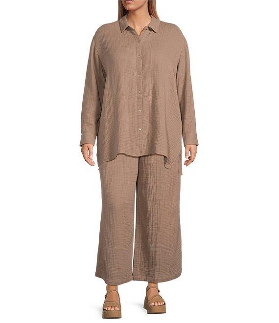 Eileen Fisher Plus Size Organic Cotton Gauze Elastic Waist Straight Leg Pants Product Image