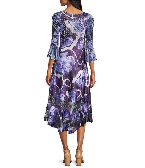 Komarov V-Neck 3/4 Bell Sleeve Floral Print Mixed Media Aline Midi Dress Product Image