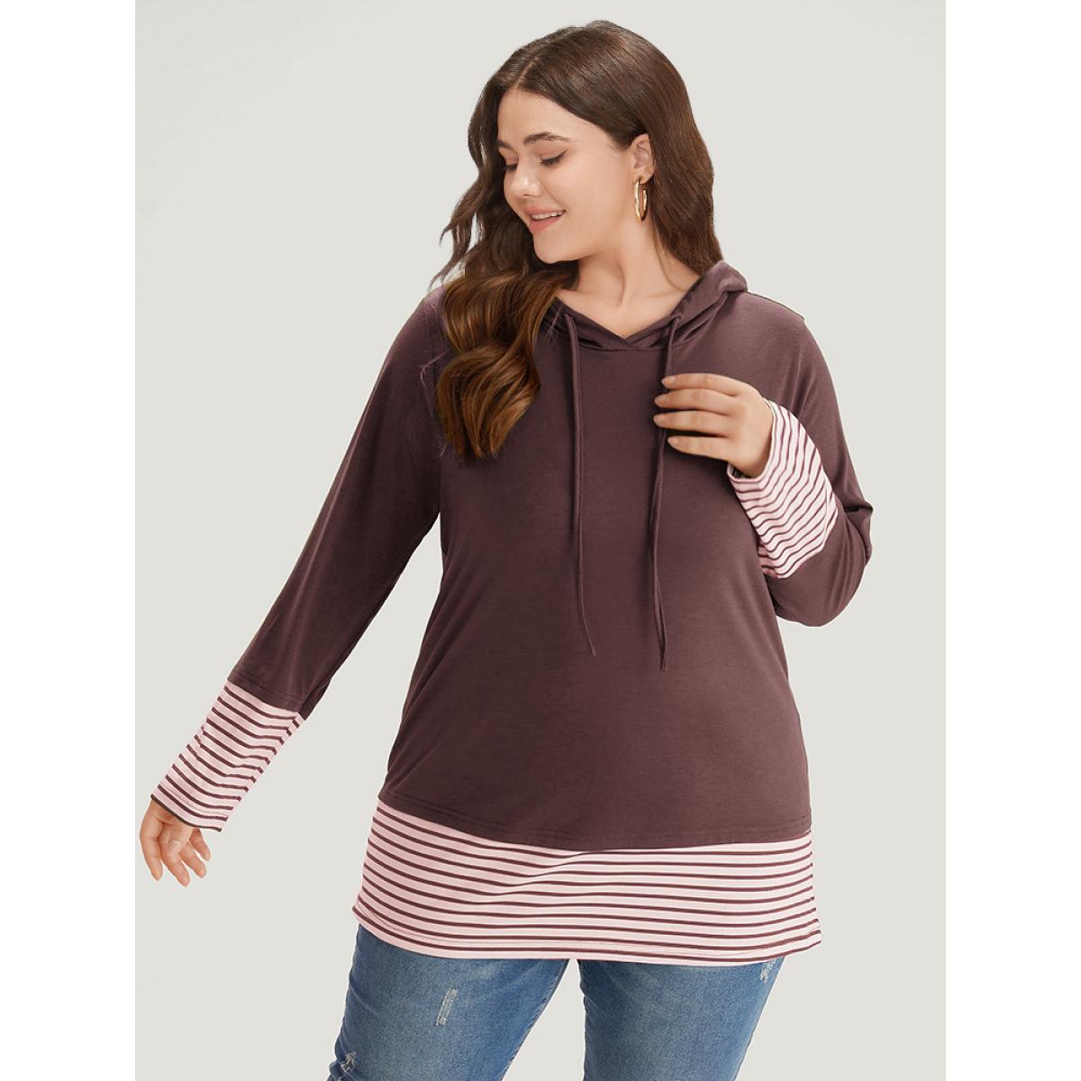 Plus Size Striped Patchwork Hooded Drawstring T-shirt Russet Women Casual Patchwork Striped Hooded Dailywear T-shirts BloomChic 26/4X Product Image