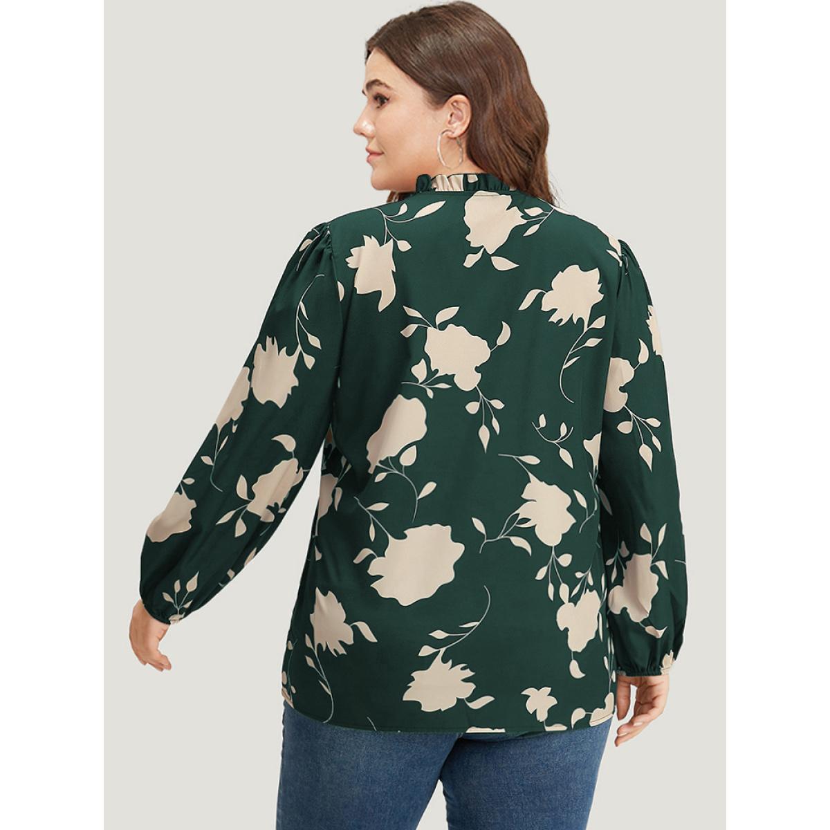 Plus Size DarkGreen Silhouette Floral Print Stand Collar Tie Neck Blouse Women Elegant Long Sleeve Tie Neck Dailywear Blouses BloomChic 26/4X Product Image