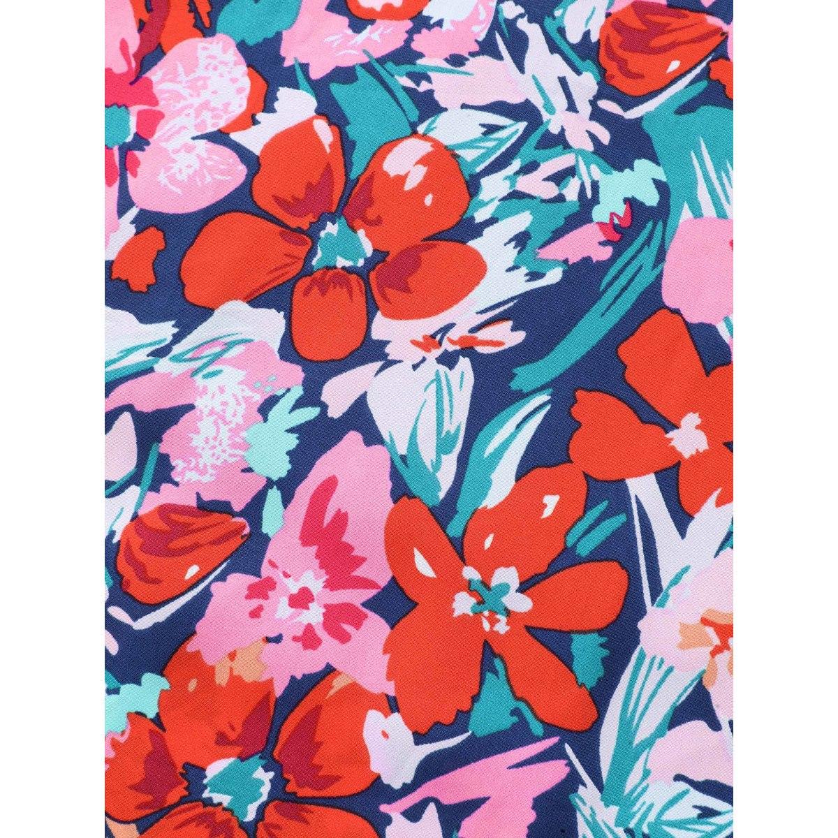 Plus Size Floral Print Off-Shoulder Pockets Midi Dress DarkBlue Women Heart neckline Short sleeve Curvy BloomChic 18-20/2X Product Image