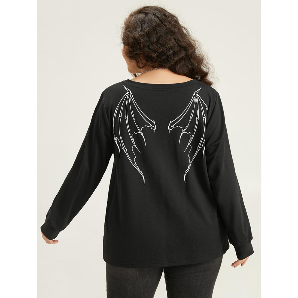 Plus Size Halloween Wing Print Elastic Cuffs Sweatshirt Women Black Casual Printed V-neck Dailywear Sweatshirts BloomChic 26/4X Product Image