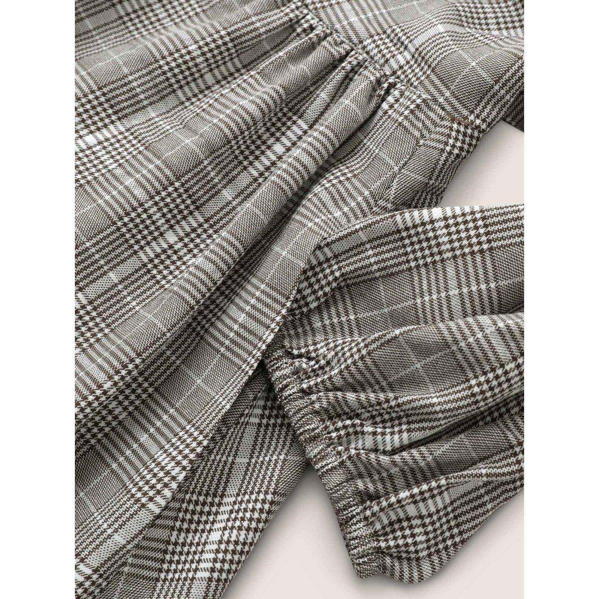 Plus Size Plaid Button Detail Pocket Lantern Sleeve Dress Chocolate Women At the Office Non Round Neck Elbow-length sleeve Curvy Knee Dress BloomChic 18-20/2X Product Image