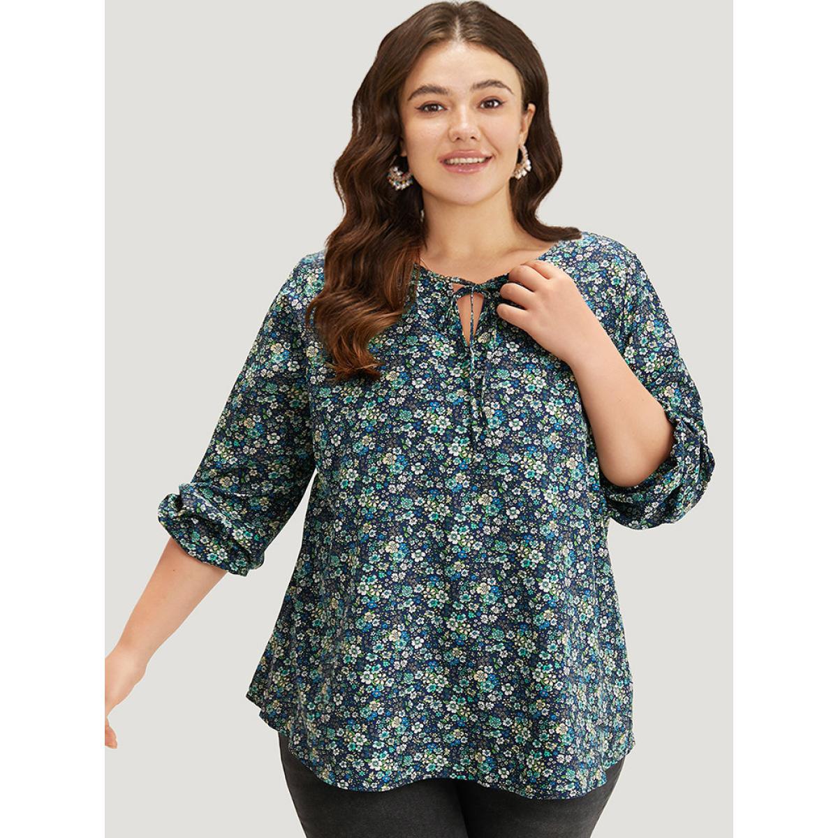 Plus Size Indigo Ditsy Floral Knot Neck Elastic Cuffs Blouse Women Elegant Long Sleeve Tie Neck Everyday Blouses BloomChic 14-16/1X Product Image