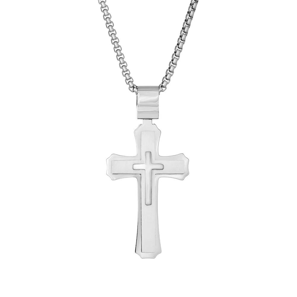 LYNX Men's Stainless Steel 3-Layer Cross Pendant Necklace, Size: 22" Product Image
